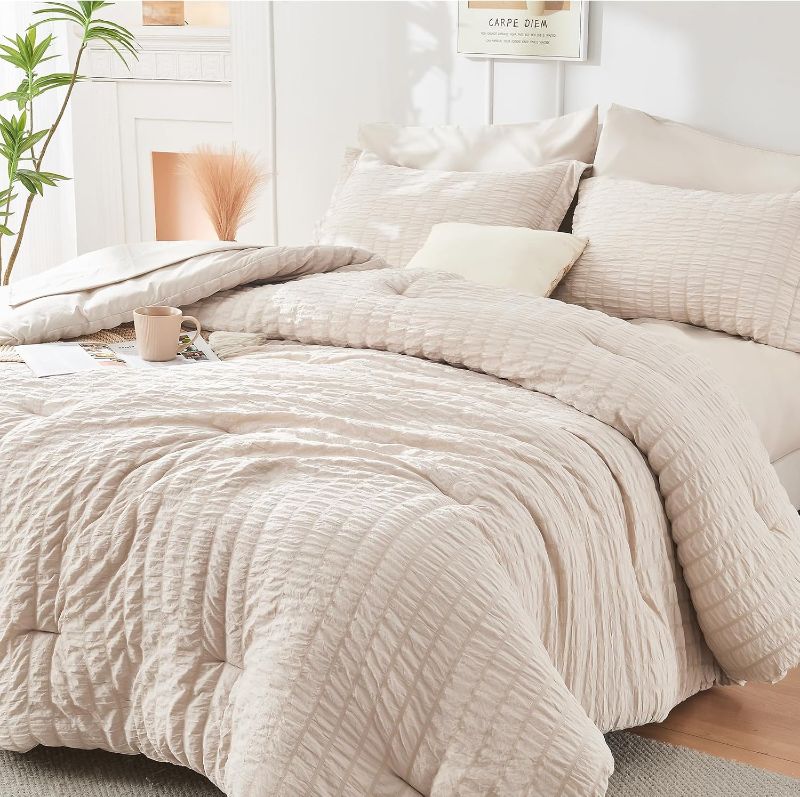 Photo 1 of Beige Queen Comforter Set Seersucker 7 Pieces, All Season Luxury Bed in a Bag for Bedroom, Bedding Set with Comforters, Sheets, Pillowcases & Shams