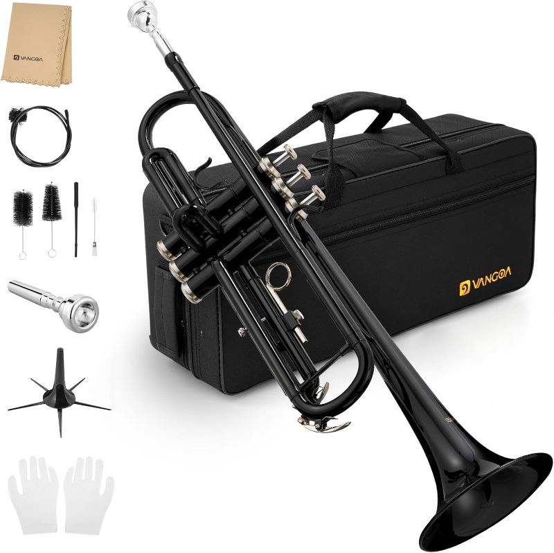 Photo 1 of Bb Trumpet Brass Standard Black Trumpet Instrument for Student School Band Orchestra Adult Kid Beginner with Hard Case, Stand, Cleaning Kit, White Gloves, Valve Oil and 7C Mouthpiece