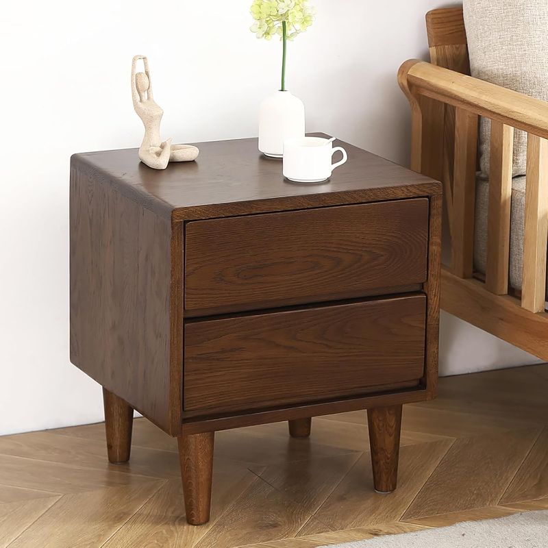 Photo 1 of Solid Oak Wood Nightstand, Bedside Table with 2 Drawer, Mid-Century Luxury Night Stand, Modern Sofa Side End Table, Farmhouse Wooden Night Stand for Bedroom, Easy Assembly, Walnut Color