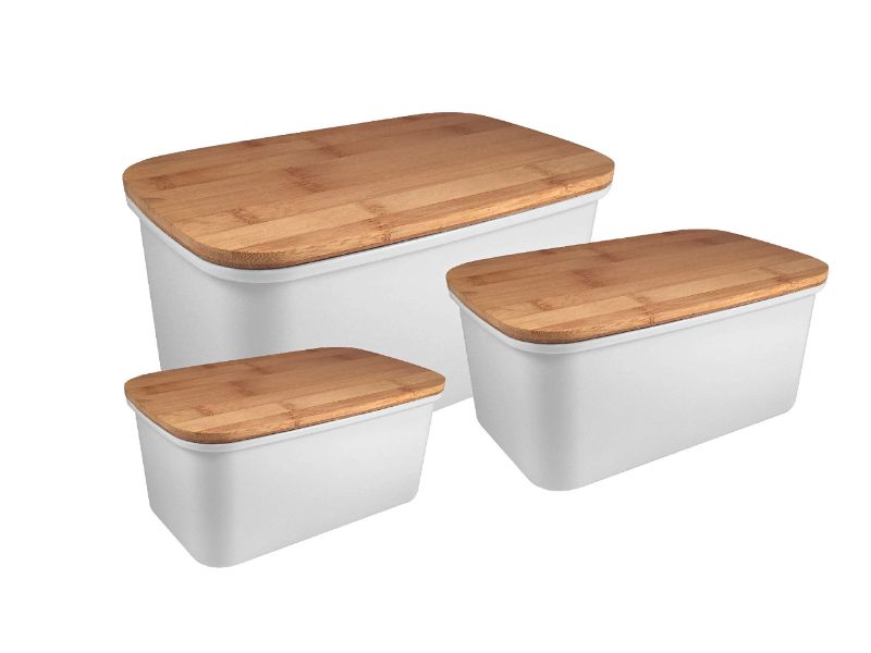 Photo 1 of (check) 3 Pack Storage Bins with Bamboo Lids, Plastic Storage Containers with Lids Stackable Storage Box, Storage Baskets for Organizing