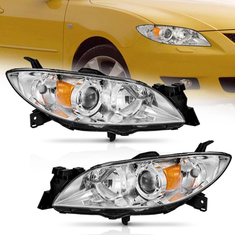 Photo 1 of 2004-2009 Mazda 3 Sedan Headlights Assembly Compatible with 04-09 Mazda 3 Sedan 4Dr Projector Headlight Replacement Chrome Housing (Does NOT fit Factory HID Models or Hatchback Models)