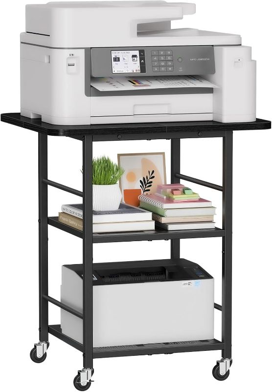 Photo 1 of 3-Tier Printer Stand, 19.7" D×23.6" W×26.5" H Extra Large Printer Table with Storage Shelves, Rolling Cart with Lockable Wheels for Home Office, Black