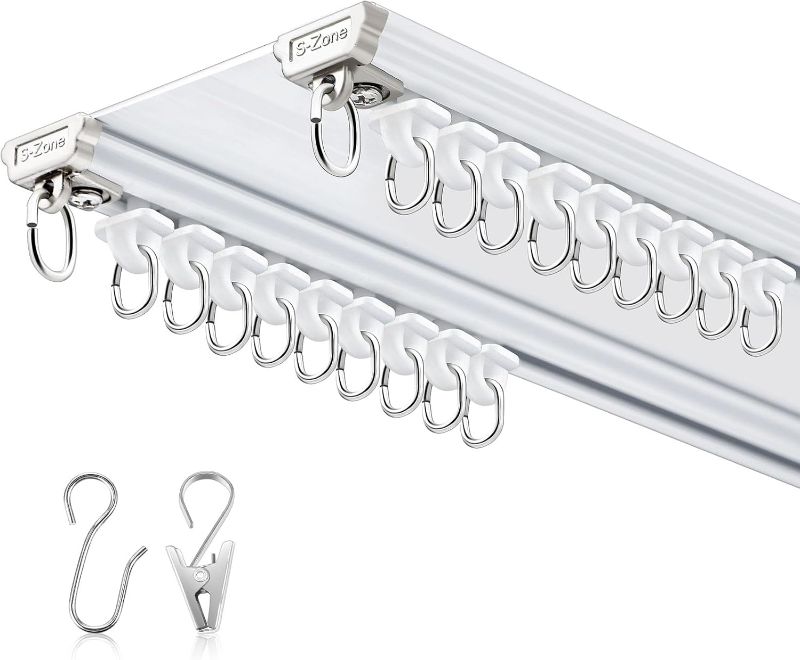 Photo 1 of Ceiling Curtain Double Track Set 3ft-10ft/3 Meter White Double Curtain Track Ceiling Mount Heavy Duty Room Divider Adjustable Length Rails with Clips Hooks End Hook