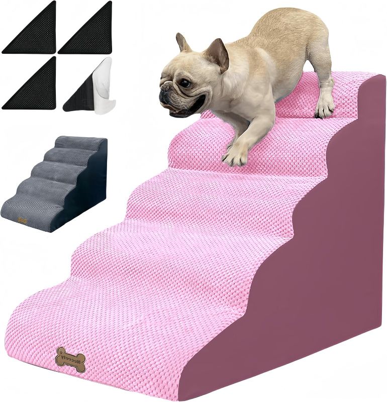 Photo 1 of Dog Stairs & Pet Ramp for Small/Large Dogs to High Beds/Couches - 5 Steps 24-inch Height for 18-30 inch Furniture, 2 Washable Covers (Pink, Grey), Non-Slip Balanced 33D Design for Old Dogs & Cats