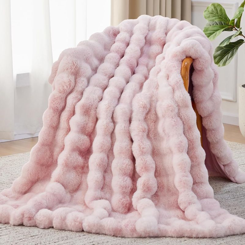 Photo 1 of Fur Throw Blanket, 1000GSM Fluffy Soft Bubble Blanket for Couch Bed, Cozy Plush Warm and Thick Blanket, Fuzzy Rabbit Throw for Living Room Bedroom 50''*60'' Pink