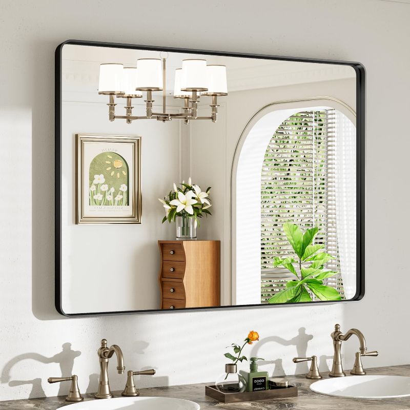 Photo 1 of 40X32 Black Bathroom Mirror for Over Sink, Metal Framed Vanity Mirror Wall Mounted, Rectangle Mirror for Bedroom Living Room Restroom Entryway, Anti- Rust, HD Tempered Glass