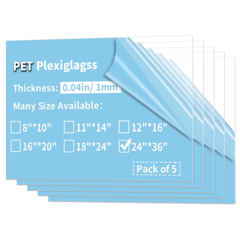 Photo 1 of 5 Pack 24x36"" PET Sheets 0.04"" Thick PET Plexiglass Sheets Panels for Photo Frames, Poster Frames, Signs, Railing Guards, Pet barriers, DIY Craft Projects