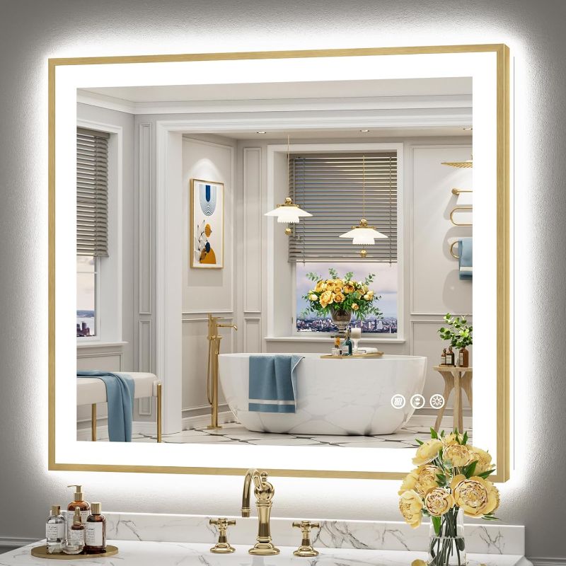 Photo 1 of 40x36 Gold Framed LED Bathroom Mirror with Lights, Backlit & Front Lit, Anti-Fog Metal Frame Lighted Vanity Mirror for Bathroom Wall, 3 Colors, Dimmable, Memory, Shatter-Proof Tempered Glass