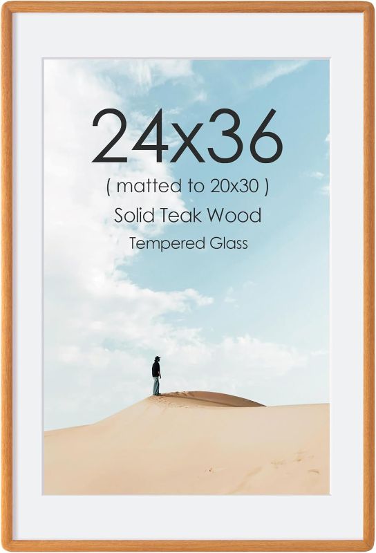 Photo 1 of 24x36 Picture Frame, Solid Teak Wood Picture Frame with Tempered Glass, 24x36 Poster Frame for Wall, 24 x 36 Wooden Photo Frames Matted to 20x30, Vertical & Horizontal Wall Hanging Display