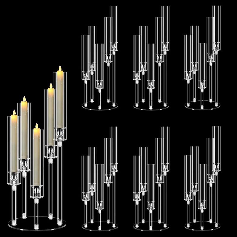 Photo 1 of 6 Sets 5 Arms Acrylic Candelabra Centerpieces for Tables,Clear Candle Holder for Wedding,Ceremony Dinner Party, 22.8" Tall Candlestick Holders with Lampshade,Fit LED Candle