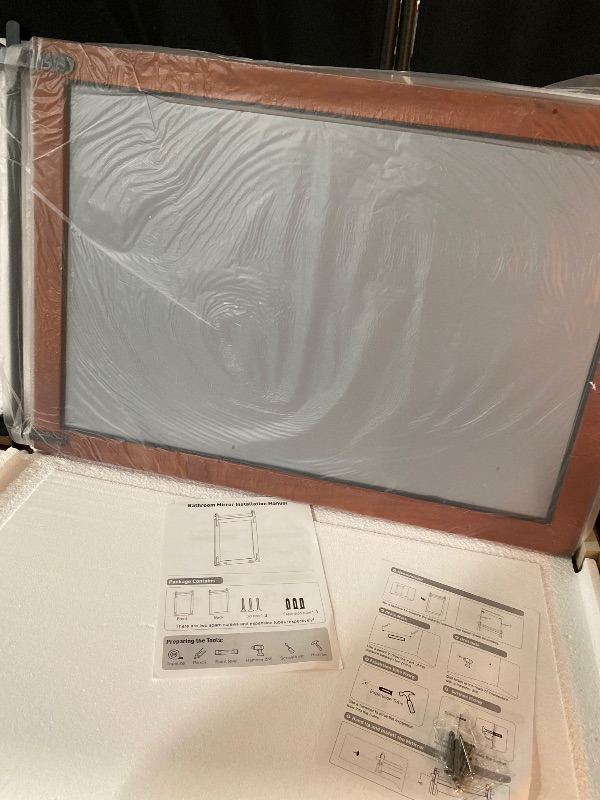 Photo 1 of Farmhouse Bathroom Mirror, 24"x36" Rustic Wood Framed Wall Mounted Mirror,Barn Door Style Vintage Vanity Mirror Brown