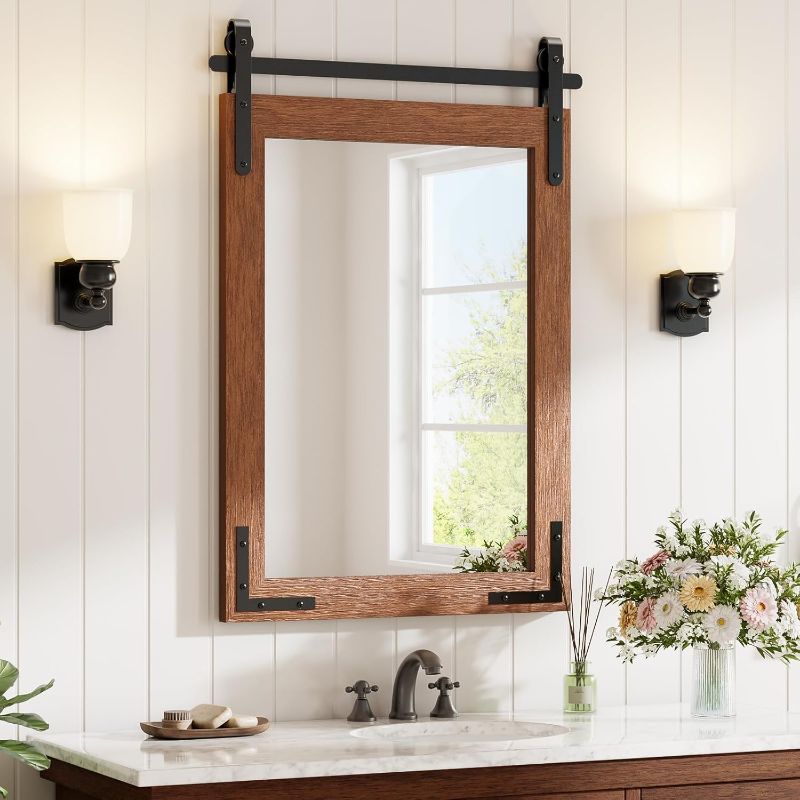 Photo 1 of Farmhouse Bathroom Mirror, 24"x36" Rustic Wood Framed Wall Mounted Mirror,Barn Door Style Vintage Vanity Mirror Brown