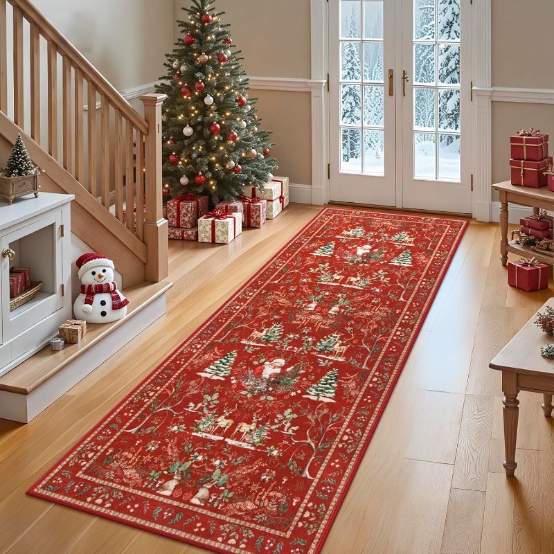 Photo 1 of Christmas Runner Rug, 2x6 Red Washable Rugs Runner for Hallway, Soft Non Slip Xmas Santa Claus Print Elk Kitchen Runner Rug, Low Pile Holiday Throw Carpet for Bathroom Entry Bedroom