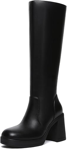 View 1 of (Check ) Size Black Knee High Boots for Women Platform Tall Boots Fashion Square Toe Chunky Heeled Booties 10