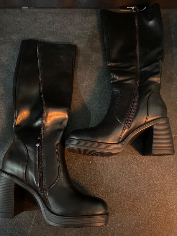 View 2 of (Check ) Size Black Knee High Boots for Women Platform Tall Boots Fashion Square Toe Chunky Heeled Booties 10