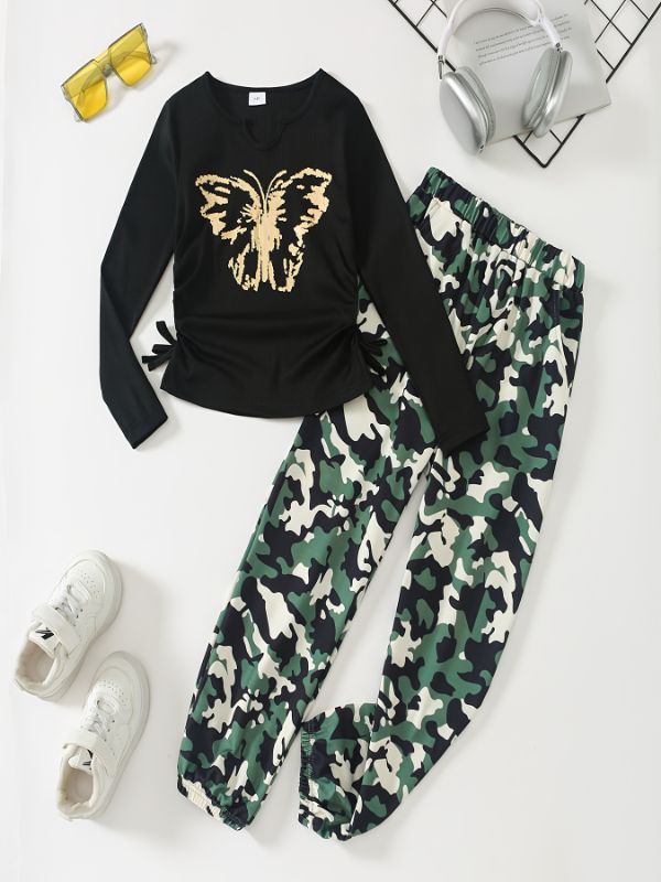 Photo 1 of 9-10 Y Girls Clothes Tween Girl Clothing Long Sleeve Ruched Drawstring Ribbed Knit Top Camo Cargo Pants Fall Winter Outfits