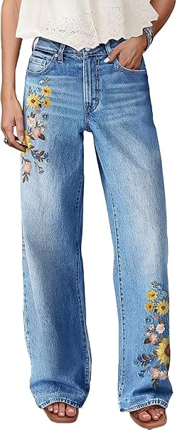 Photo 1 of L Straight Leg Jeans for Women Mid Rise Casual Wash Floral Embroidery Denim Pants