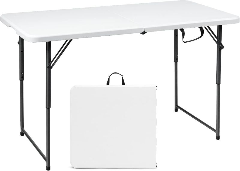 Photo 1 of 4ft Folding Table, 48 x 24 Inch Indoor Outdoor Foldable Plastic Folding Tables, Height Adjustable Portable Rectangular Utility Card Table w/Handle, for Picnic, Party, Dining, Camping, White