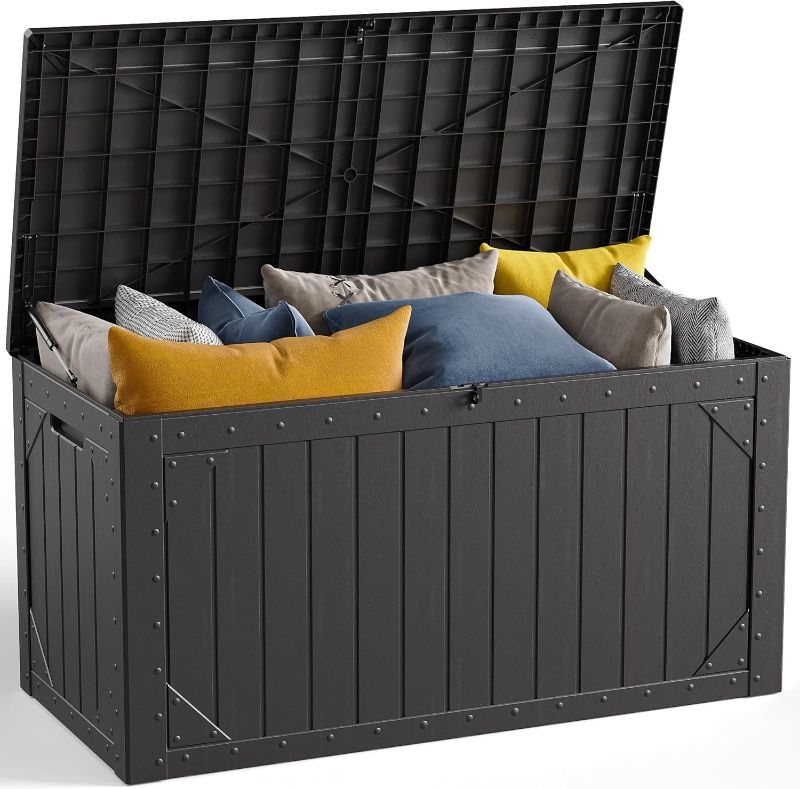 Photo 1 of 100 Gallon Outdoor Storage Box, Waterproof Resin Deck Box Organizer for Patio Cushion Storage, Lockable Outside Container for Garden Tools