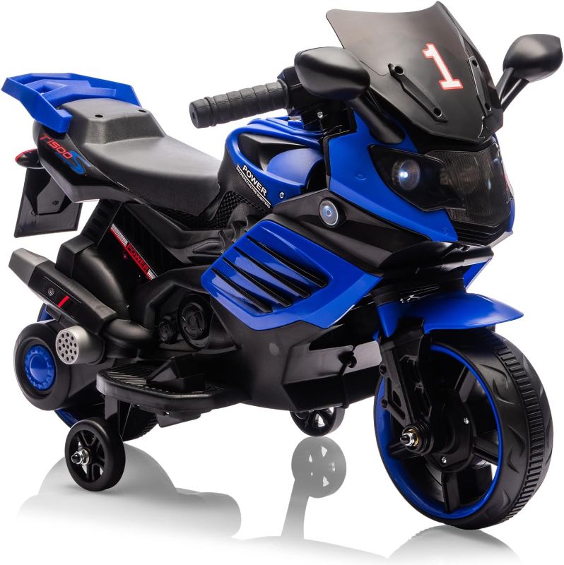Photo 1 of Garvee Kids 6V Ride On Motorcycle, Battery Powered Ride On Toys w/Treaded Tires, Working Headlight, Horn, Music, Training Wheels, Stable Electric Toddler Motorcycle for Kids, Gift for Boys Girls, Blue