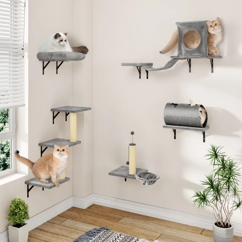 Photo 1 of 7 Pcs Wall Mounted Cat Climber Set, Cat Wall Shelves with Cat House, Bridge, Steps, Scratcher
