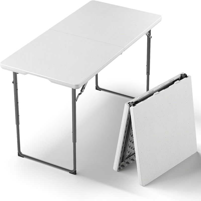Photo 1 of Folding Table, 4FT Foldable Picnic Table with Adjustable Height, Heavy Duty Fold-in-Half Portable Table for Weddings, Camping, RV Travel, Parties, BBQs, and Indoor Use, Easy to Fold and Store