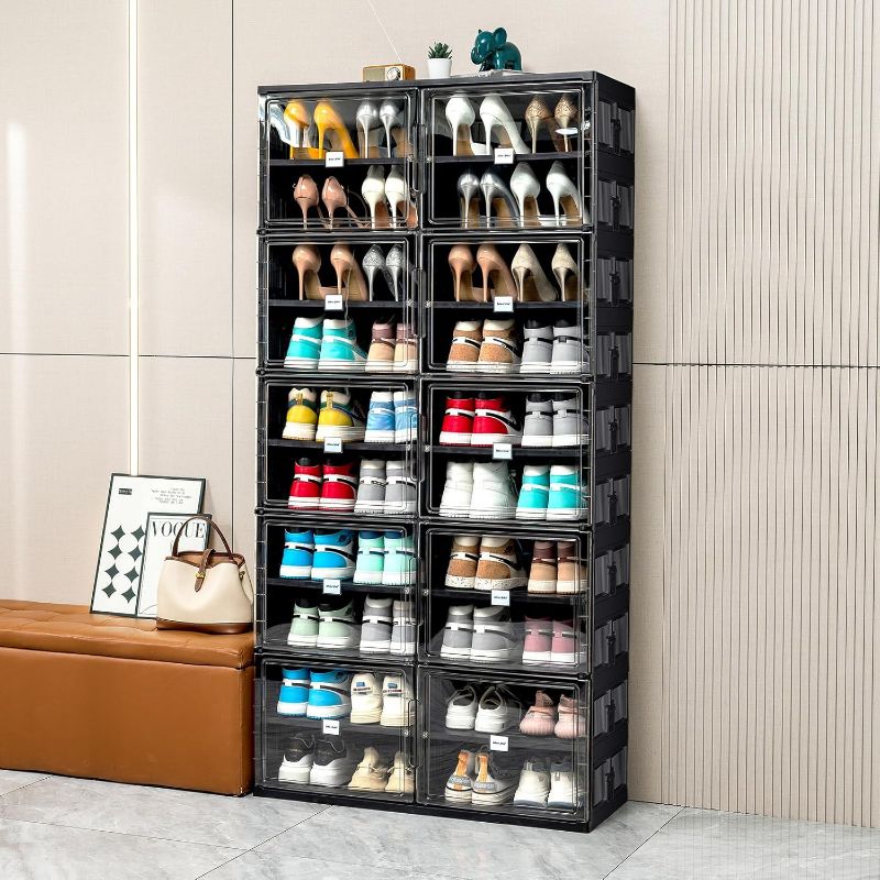 Photo 1 of 10 Tiers Foldable Shoe Rack Organizer Cabinet for Closet Entryway, Large Collapsible Shoe Storage Box with Magnetic Doors (Black)
