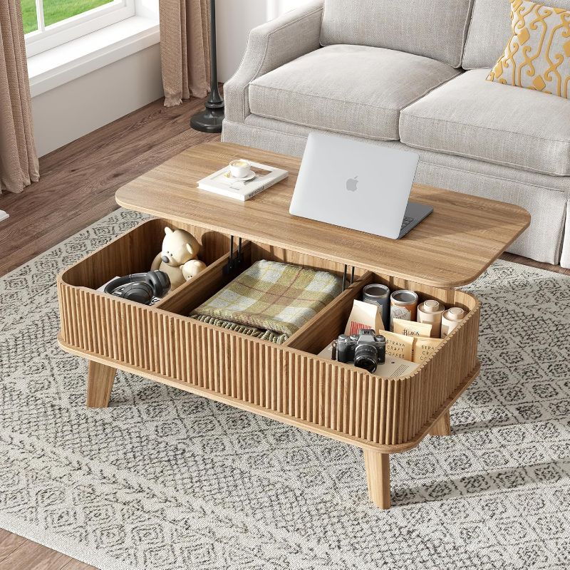 Photo 1 of Fluted Lift Top Coffee Table with Storage, Modern Wood Coffee Table Retro Center Table with Hidden Lifting Table Top Compartment for Living Room, Home, Office, Natural
