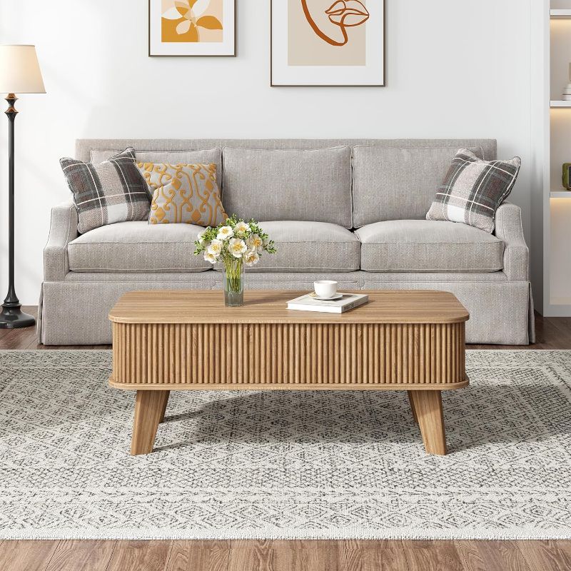 Photo 1 of Fluted Lift Top Coffee Table with Storage, Modern Wood Coffee Table Retro Center Table with Hidden Lifting Table Top Compartment for Living Room, Home, Office, Natural
