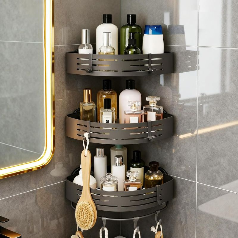 Photo 1 of 3-Tier No-Drill Storage Caddy with Hooks&Towel Bar,Organizing Solution for Bathroom,Shower&Kitchen,Holds Shampoos,Soaps,Sponges&Cleaners,Triangle
