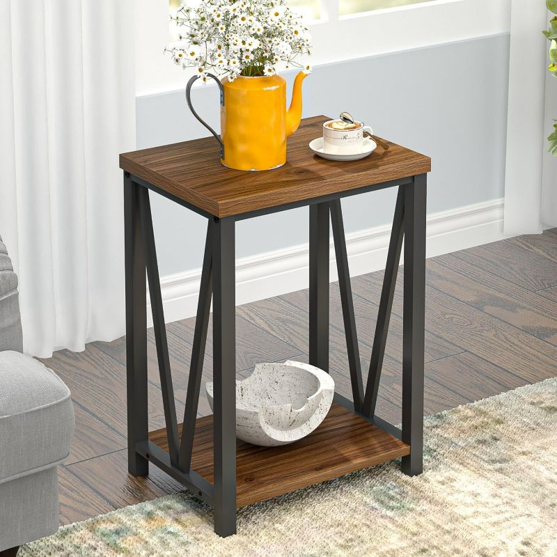 Photo 1 of FOLUBAN Small End Table, Rustic Wood and Metal Side Table with Storage, Modern Night Stand for Living Room Bedroom Office, Walnut