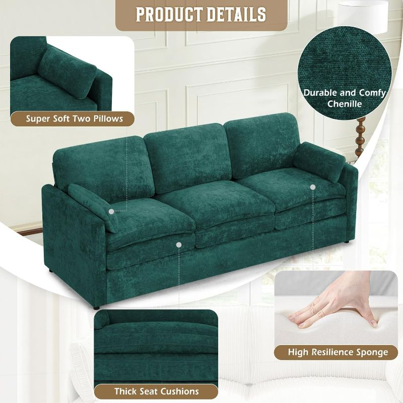 Photo 1 of  Chenille 3 Seats Sofa with 2 Pillows, Modern Upholstered Sofa with Deeper Seats, Comfy Sofa with Thickened Cushions for Living Room, Apartment, Teal
