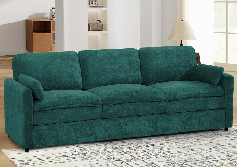 Photo 1 of  Chenille 3 Seats Sofa with 2 Pillows, Modern Upholstered Sofa with Deeper Seats, Comfy Sofa with Thickened Cushions for Living Room, Apartment, Teal
