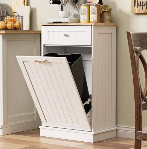 Photo 1 of HARIPUL Single Tilt Out Trash Cabinet for 13 Gallon Waste Bin, Free Standing Kitchen Trash Can Cabinet with Drawers, White
