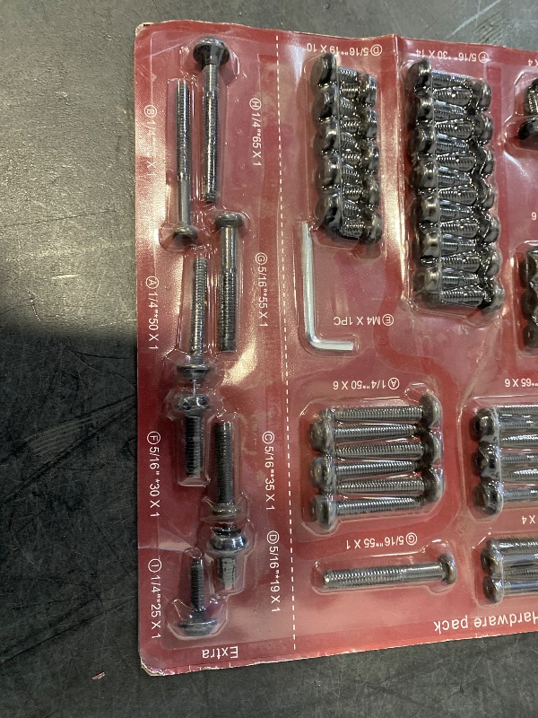 Photo 1 of Allen Key Hardware Set, Inckudes: A: 1/4"*50x6 , B: 1/4"*65x6, C: 5/16"*35x6, D: 5/16"*19x10, E: M4 x 1PC, F: 5/16"*30x14, G: 5/16"*55x1, H: 1/4"*65x6, I: 1/4"*25x4. Extra 1 Each: A,B,C,D,E,F,G,H,I