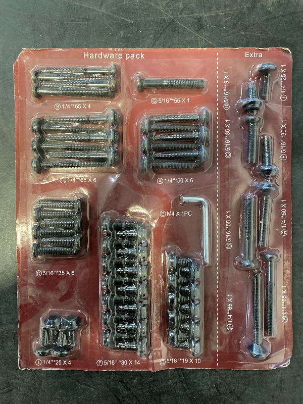 Photo 1 of Allen Key Hardware Set, Inckudes: A: 1/4"*50x6 , B: 1/4"*65x6, C: 5/16"*35x6, D: 5/16"*19x10, E: M4 x 1PC, F: 5/16"*30x14, G: 5/16"*55x1, H: 1/4"*65x6, I: 1/4"*25x4. Extra 1 Each: A,B,C,D,E,F,G,H,I