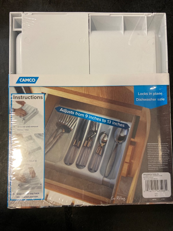 Photo 1 of Camco Adjustable Cutlery Tray - Designed for RV and Compact Kitchen Drawers, Adjusts Between 9" and 13" for an Easy Custom Fit -White (43503)
