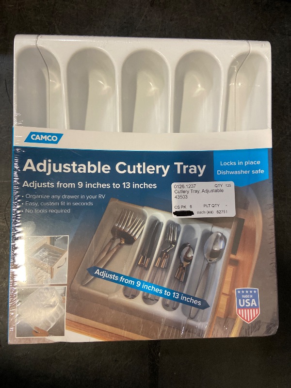 Photo 1 of Camco Adjustable Cutlery Tray - Designed for RV and Compact Kitchen Drawers, Adjusts Between 9" and 13" for an Easy Custom Fit -White (43503)
