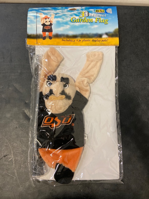 Photo 1 of BSI Oklahoma State University Cowboys "Pistol Pete" plush 3D mascot garden flag