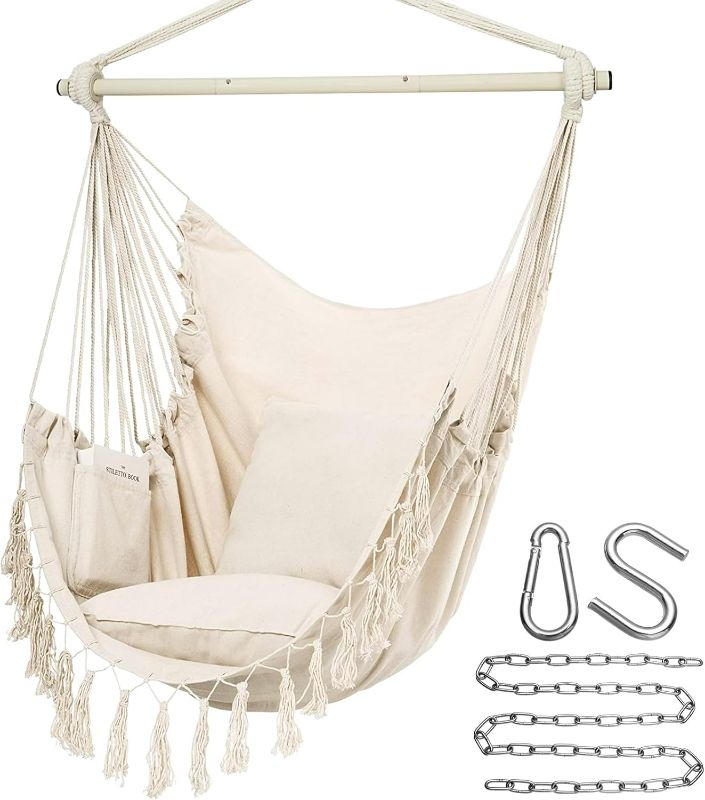 Photo 1 of Bliss Hammock Chair Hanging Rope Swing, Max 500 Lbs, 2 Cushions Included, Large Macrame Hanging Chair with Pocket for Superior Comfort, with Hardware Kit (Beige)
