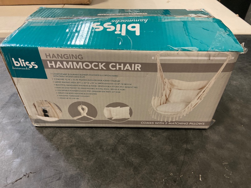 Photo 1 of Bliss Hammock Chair Hanging Rope Swing, Max 500 Lbs, 2 Cushions Included, Large Macrame Hanging Chair with Pocket for Superior Comfort, with Hardware Kit (Beige)
