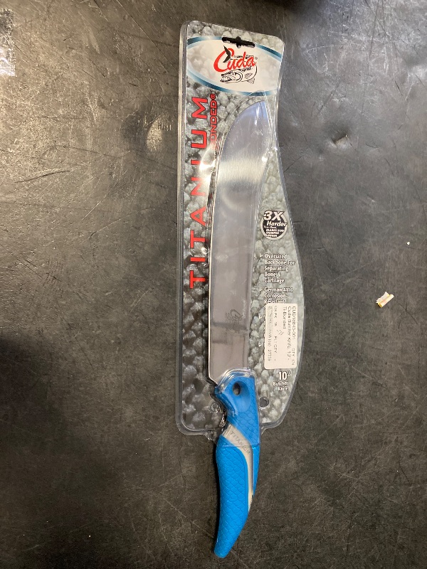 Photo 1 of CUDA 10" Butcher Saltwater Wide Blade Oversized Backbone Titanium Bonded Corrosion Resistant Stainless Steel Fish Knife with Non-Slip Scale Pattern Grip, Blue