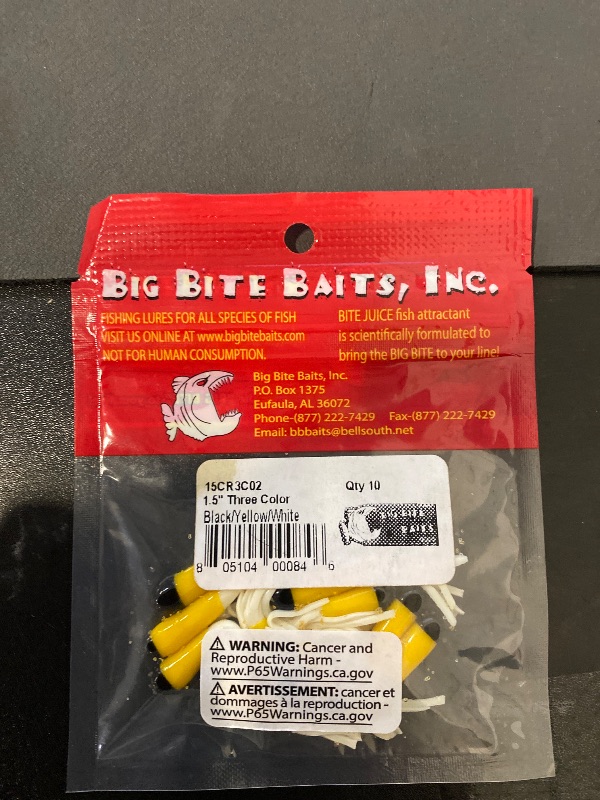 Photo 1 of 1.5" Three Color Crappie Tube/BLK/YLW/White (10 PK)