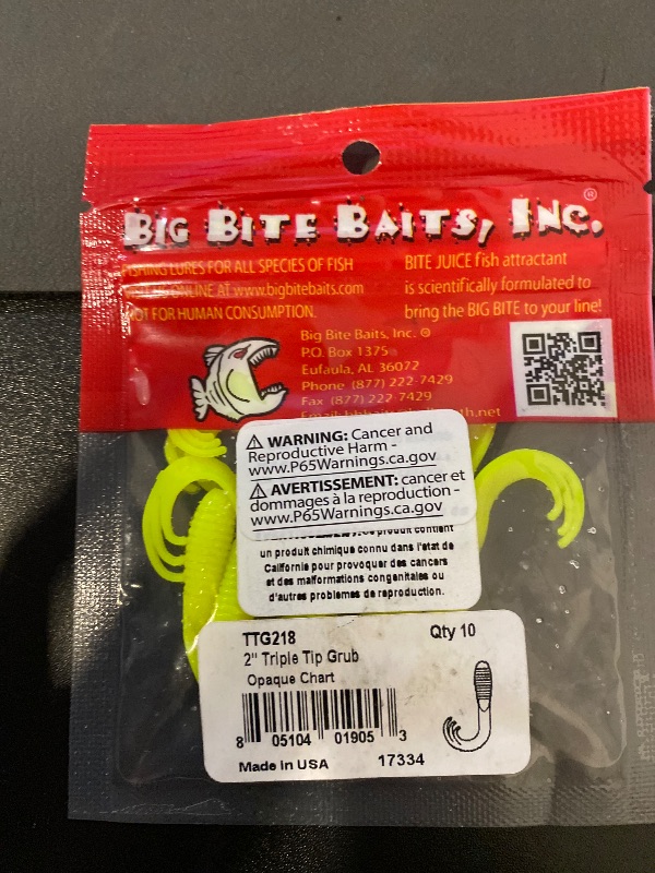 Photo 1 of Big Bite Baits 2" Triple TIP GRUB/Opaque Chartreuse (10 Pack)