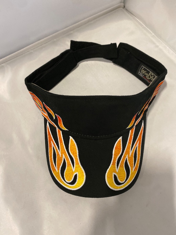 View 2 of Black Race Visor Cap w/ Tribal Orange-Yellow Flame