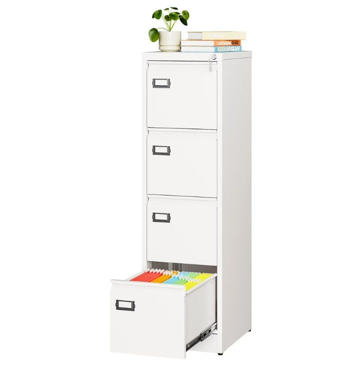 Photo 1 of AUHUP 4 Drawer Metal File Cabinet with Lock, White Vertical Filing Storage Cabinet for Home Office White 