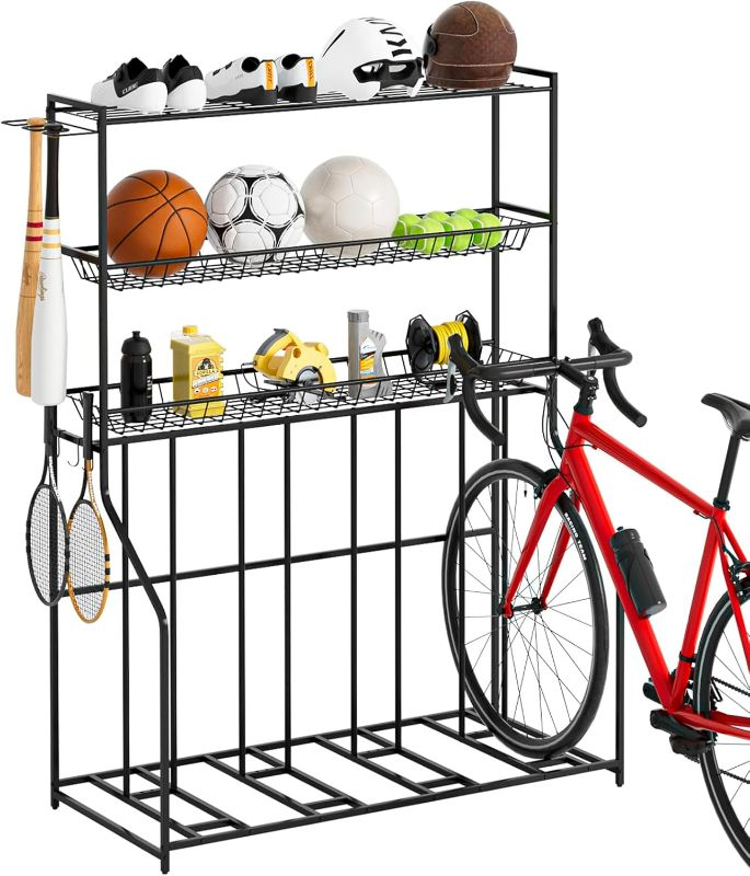 Photo 1 of 4 Bike Stand, Bike Rack Garage with 3-Tier Storage Rack, Bicycle Stand for Garage Organizer, Indoor Sporting Gear Storage Station for Mountain/Road/Hybrid & Fat Tire Bike, Patent Pending
