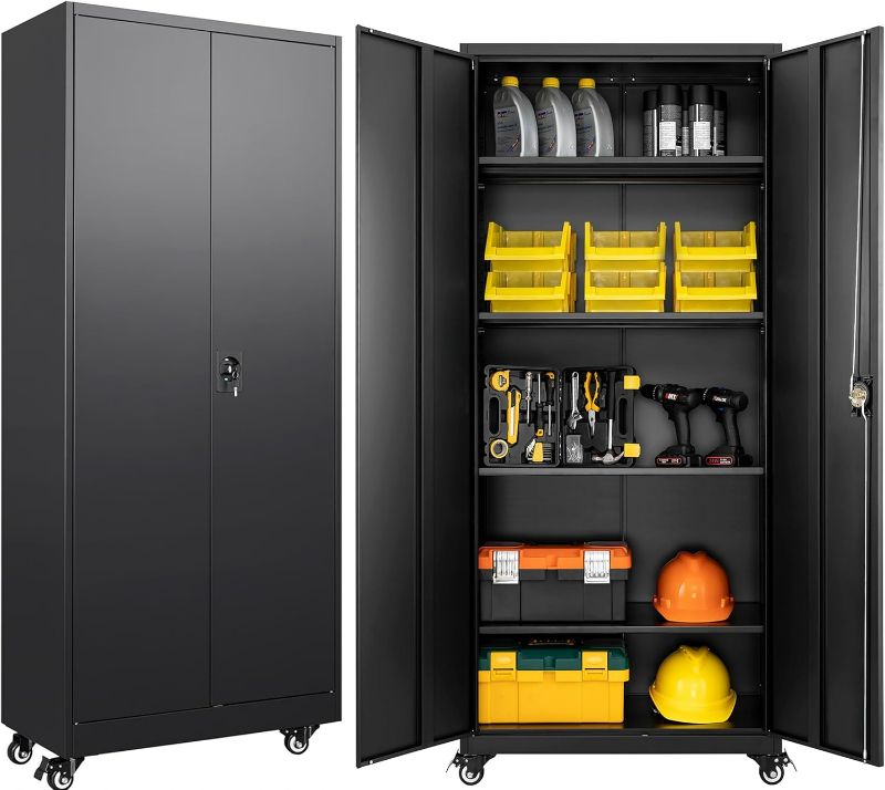 Photo 1 of Metal Storage Cabinet with Wheels,75 inch Tall Rolling Garage Storage Cabinet with Lock,Black Metal Cabinets with Wheels and Shelves,Deep Heavy Duty Tool Locker for Garage,Home,Office,Shop