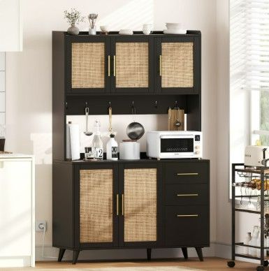 Photo 1 of Rovaurx 70.9" Kitchen Pantry Cabinet with Microwave Shelf, Rattan Freestanding Storage Cabinet with Charging Station, Sideboard Buffet Cabinet with Drawers and Doors, Black and Natural KBG002BME