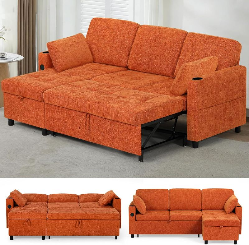Photo 1 of Partial Set Box 2 - 84" L-Shape Pull Out Sofa with 2 Storage Chaise, Chenille Sectional Sleeper Sofa with Adjustable Backrest, Upholstered Reversible Couch Bed with USB Port for Living Room, House, Orange